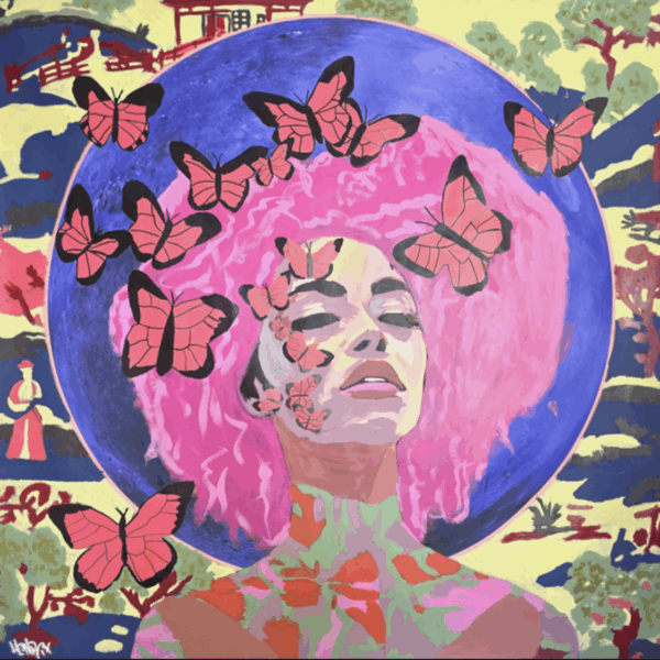 Artwork by Henrix showing a pink‑haired woman with an electric‑blue halo surrounded by butterflies.